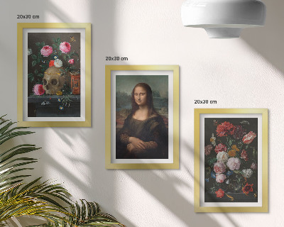 3 paveikslų rinkinys su rėmais Vintažinės gėlės, kaukolė ir Monos Lizos portretas, Leonardo da Vinci