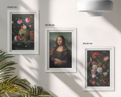 3 paveikslų rinkinys su rėmais Vintažinės gėlės, kaukolė ir Monos Lizos portretas, Leonardo da Vinci