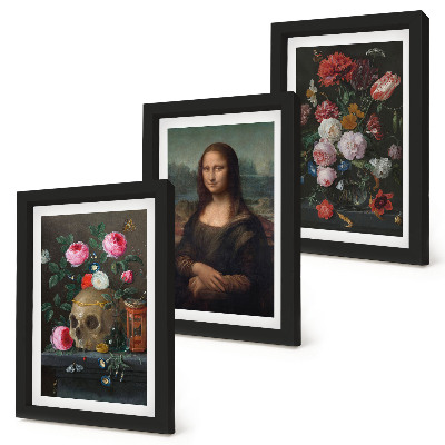 3 paveikslų rinkinys su rėmais Vintažinės gėlės, kaukolė ir Monos Lizos portretas, Leonardo da Vinci