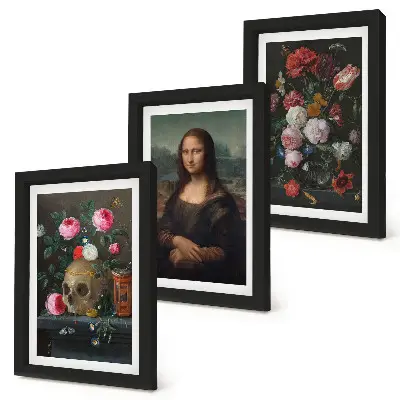 3 paveikslų rinkinys su rėmais vintažinių gėlių, kaukolės ir Leonardo da Vinčio portreto kompozicija