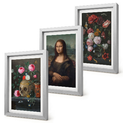 3 paveikslų rinkinys su rėmais Vintažinės gėlės, kaukolė ir Monos Lizos portretas, Leonardo da Vinci