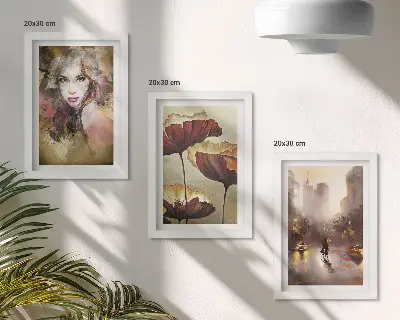 Įrėmintų paveikslų rinkinys abstraktus moters, gėlių ir miesto lietuje portretas