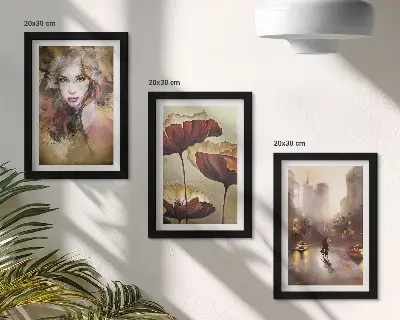 Įrėmintų paveikslų rinkinys abstraktus moters, gėlių ir miesto lietuje portretas