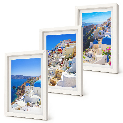 3 paveikslų rinkinys su rėmais Oia miesto, Santorinio, Graikijos, kraštovaizdžio architektūros vaizdai