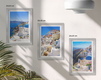 3 paveikslų rinkinys su rėmais Oia miesto, Santorinio, Graikijos, kraštovaizdžio architektūros vaizdai
