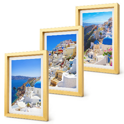 3 paveikslų rinkinys su rėmais Oia miesto, Santorinio, Graikijos, kraštovaizdžio architektūros vaizdai