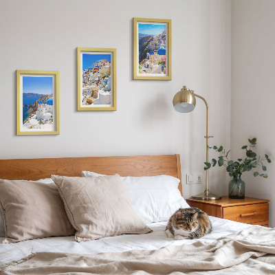 3 paveikslų rinkinys su rėmais Oia miesto, Santorinio, Graikijos, kraštovaizdžio architektūros vaizdai