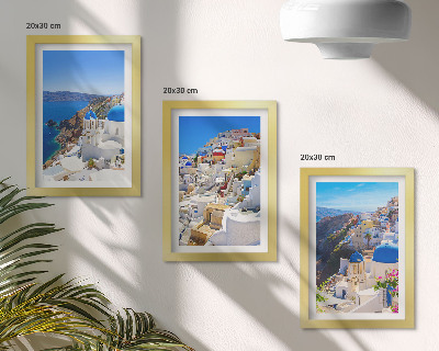 3 paveikslų rinkinys su rėmais Oia miesto, Santorinio, Graikijos, kraštovaizdžio architektūros vaizdai