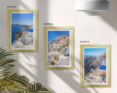 3 paveikslų rinkinys su rėmais su Oia miesto, Santorinio ir Graikijos architektūros kraštovaizdžiais