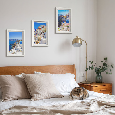 3 paveikslų rinkinys su rėmais Oia miesto, Santorinio, Graikijos, kraštovaizdžio architektūros vaizdai
