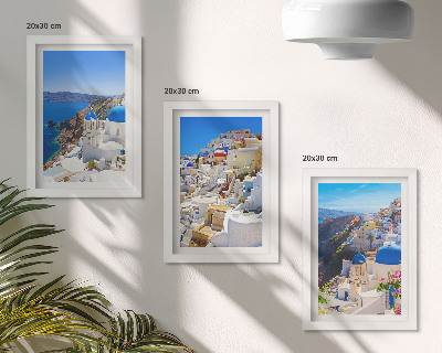3 paveikslų rinkinys su rėmais Oia miesto, Santorinio, Graikijos, kraštovaizdžio architektūros vaizdai
