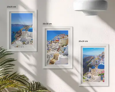 3 paveikslų rinkinys su rėmais su Oia miesto, Santorinio ir Graikijos architektūros kraštovaizdžiais