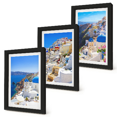 3 paveikslų rinkinys su rėmais Oia miesto, Santorinio, Graikijos, kraštovaizdžio architektūros vaizdai