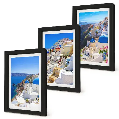 3 paveikslų rinkinys su rėmais su Oia miesto, Santorinio ir Graikijos architektūros kraštovaizdžiais
