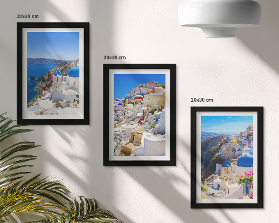 3 paveikslų rinkinys su rėmais Oia miesto, Santorinio, Graikijos, kraštovaizdžio architektūros vaizdai
