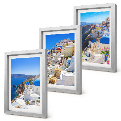 3 paveikslų rinkinys su rėmais Oia miesto, Santorinio, Graikijos, kraštovaizdžio architektūros vaizdai