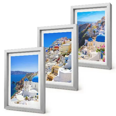 3 paveikslų rinkinys su rėmais su Oia miesto, Santorinio ir Graikijos architektūros kraštovaizdžiais