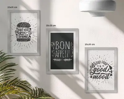 Įrėmintų paveikslų rinkinys su maisto ir kulinariniais šūkiais