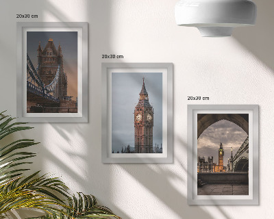 3 paveikslų rinkinys su rėmais Londono vaizdai su tiltu ir Big Benu