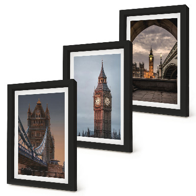 3 paveikslų rinkinys su rėmais Londono vaizdai su tiltu ir Big Benu