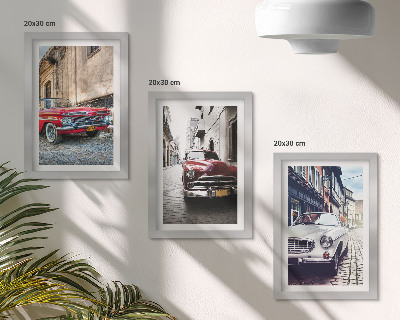 3 paveikslų rinkinys su rėmais Klasikiniai automobiliai miesto gatvėse, skirtingų spalvų