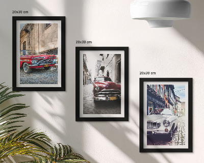 3 paveikslų rinkinys su rėmais Klasikiniai automobiliai miesto gatvėse, skirtingų spalvų