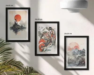 Įrėmintų paveikslų rinkinys azijietiški peizažai ir portretai japandi stiliumi
