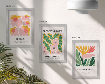 3 paveikslų rinkinys su rėmais Gėlės ir lapai šiuolaikinio stiliaus plakatuose