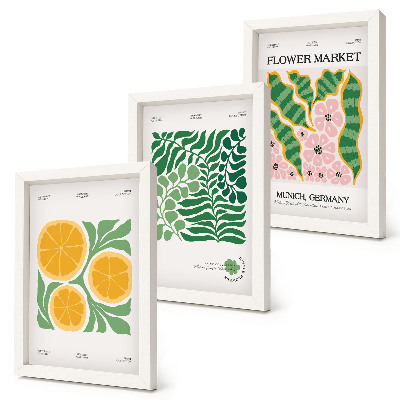 3 paveikslų rinkinys su rėmais Vaisių ir augalų motyvai pastelinių spalvų plakatuose