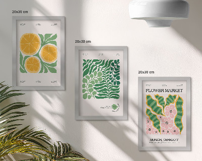 3 paveikslų rinkinys su rėmais Vaisių ir augalų motyvai pastelinių spalvų plakatuose