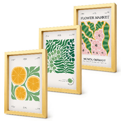 3 paveikslų rinkinys su rėmais Vaisių ir augalų motyvai pastelinių spalvų plakatuose