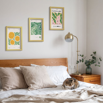3 paveikslų rinkinys su rėmais Vaisių ir augalų motyvai pastelinių spalvų plakatuose