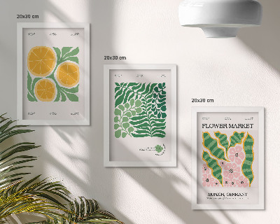 3 paveikslų rinkinys su rėmais Vaisių ir augalų motyvai pastelinių spalvų plakatuose