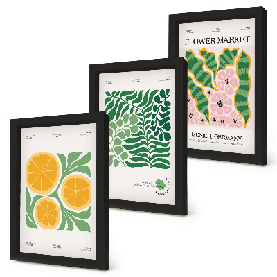 3 paveikslų rinkinys su rėmais Vaisių ir augalų motyvai pastelinių spalvų plakatuose