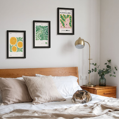 3 paveikslų rinkinys su rėmais Vaisių ir augalų motyvai pastelinių spalvų plakatuose