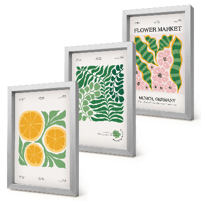 3 paveikslų rinkinys su rėmais Vaisių ir augalų motyvai pastelinių spalvų plakatuose
