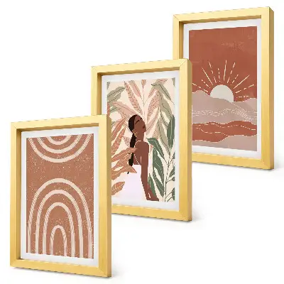 3 paveikslų rinkinys su rėmais boho stiliaus abstrakčios formos ir iliustracijos