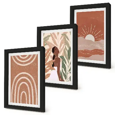 3 paveikslų rinkinys su rėmais boho stiliaus abstrakčios formos ir iliustracijos