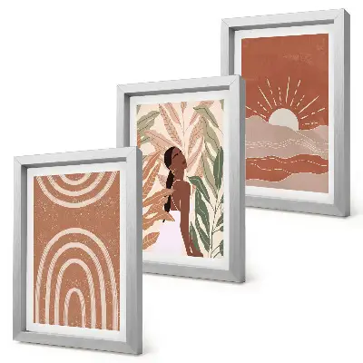 3 paveikslų rinkinys su rėmais boho stiliaus abstrakčios formos ir iliustracijos