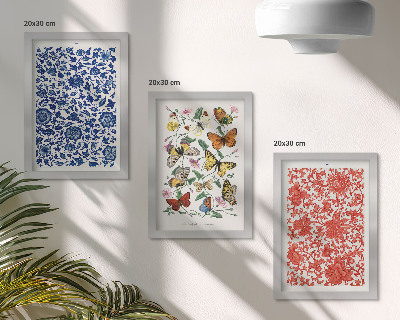 Įrėmintų paveikslų rinkinys Vintažiniai gėlių drugelių ir ornamentų plakatai