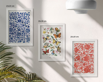 Įrėmintų paveikslų rinkinys Vintažiniai gėlių drugelių ir ornamentų plakatai