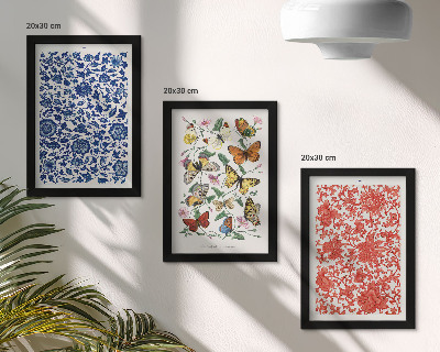 Įrėmintų paveikslų rinkinys Vintažiniai gėlių drugelių ir ornamentų plakatai