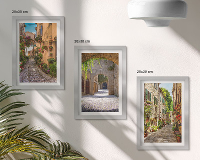 3 paveikslų rinkinys su rėmais Italijos gatvės su gėlėmis ir kraštovaizdžio architektūra
