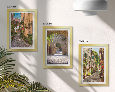 3 paveikslų rinkinys su rėmais Italijos gatvės su gėlėmis ir kraštovaizdžio architektūra