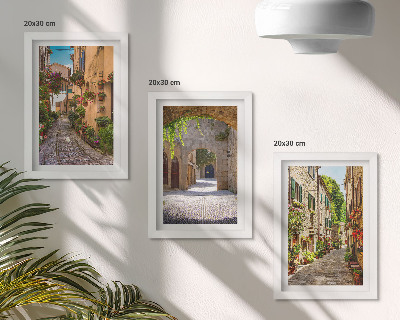 3 paveikslų rinkinys su rėmais Italijos gatvės su gėlėmis ir kraštovaizdžio architektūra