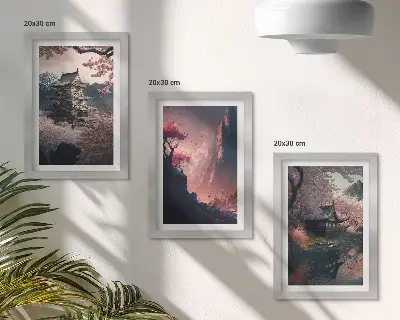 Japonijos kalnų fantazijų peizažų paveikslų rinkinys su rėmais, 3 dalių