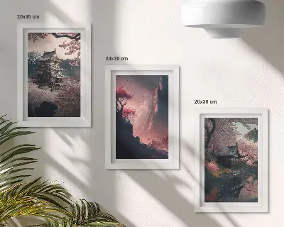 Japonijos kalnų fantazijų peizažų paveikslų rinkinys su rėmais, 3 dalių