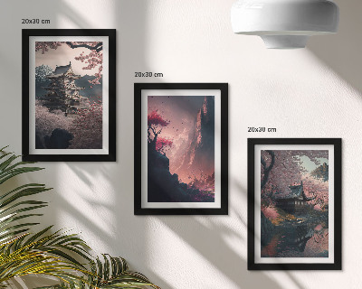3 paveikslų rinkinys su rėmais Japonijos kalnų peizažų fantazijos peizažai