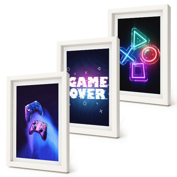 3 paveikslų rinkinys su rėmais Žaidimų pulteliai su „Game Over“ piktogramomis