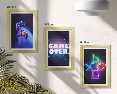 Žaidimų pulteliai su „Game Over“ piktogramomis 3 paveikslų rinkinys su rėmais